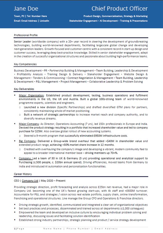 Example of the Alternative Aesthetic CV template by Winning CVs - a colour-block header design suited to senior and mid-level roles