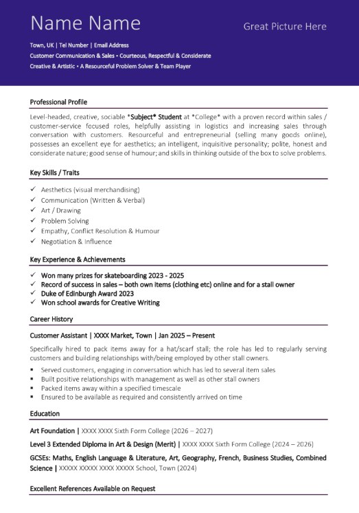 Example of a college leaver CV template by Winning CVs - maximising limited experience with skills, achievements and education