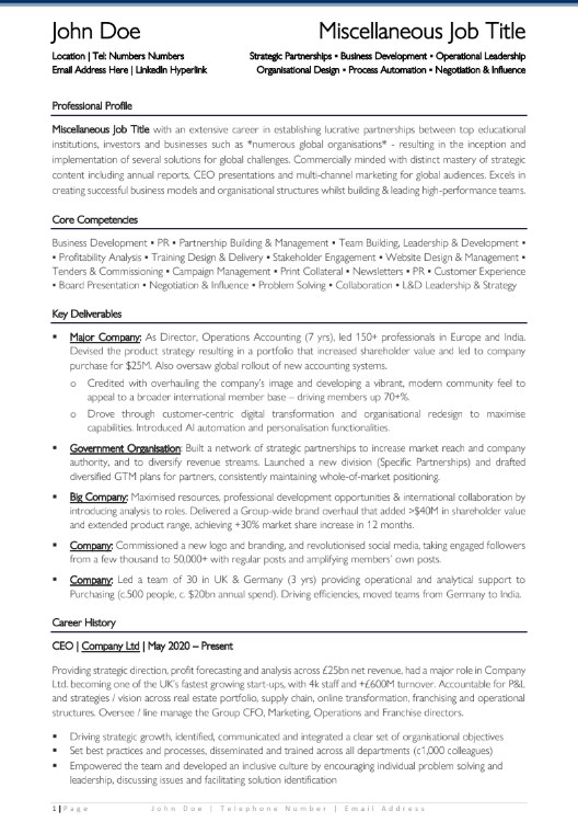 Example of a senior-level standard CV template by Winning CVs - concise profile, core competencies and quantified achievements